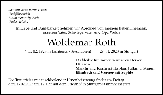 Traueranzeige von Woldemar Roth von Stuttgarter Zeitung / Stuttgarter Nachrichten