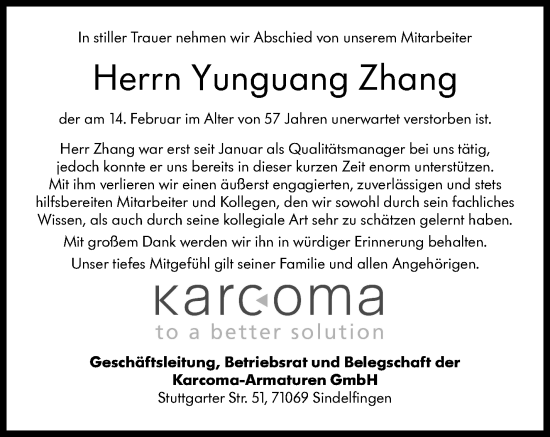 Traueranzeige von Yunguang Zhang von Stuttgarter Zeitung / Stuttgarter Nachrichten