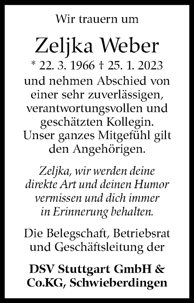  Traueranzeige für Zeljka Weber vom 04.02.2023 aus Stuttgarter Zeitung / Stuttgarter Nachrichten