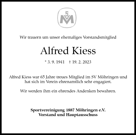 Traueranzeige von Alfred Kiess von Stuttgarter Zeitung / Stuttgarter Nachrichten