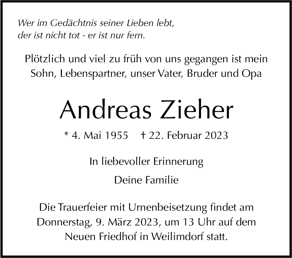  Traueranzeige für Andreas Zieher vom 06.03.2023 aus Stuttgarter Zeitung / Stuttgarter Nachrichten