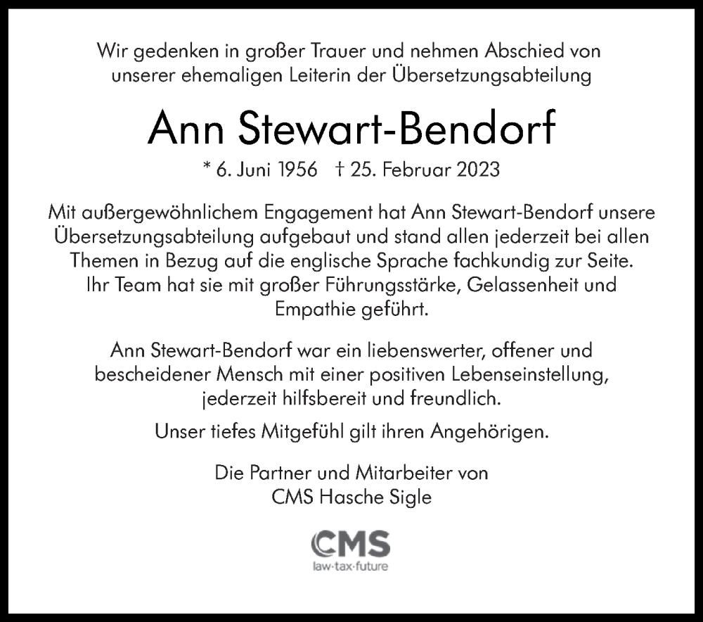  Traueranzeige für Ann Stewart-Bendorf vom 04.03.2023 aus Stuttgarter Zeitung / Stuttgarter Nachrichten