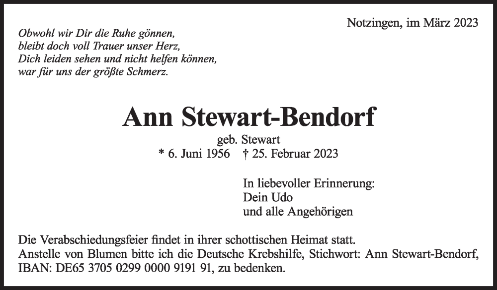  Traueranzeige für Ann Stewart-Bendorf vom 04.03.2023 aus Stuttgarter Zeitung / Stuttgarter Nachrichten