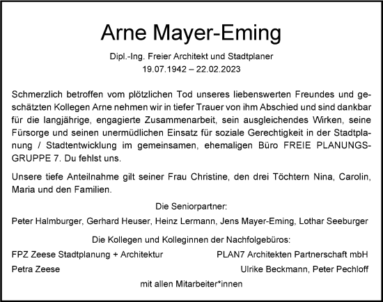 Traueranzeige von Arne Mayer-Eming von Stuttgarter Zeitung / Stuttgarter Nachrichten