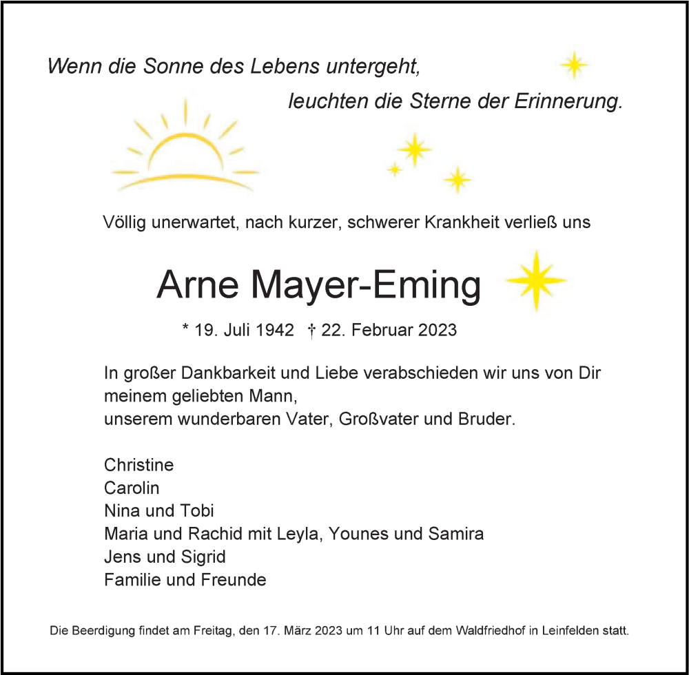  Traueranzeige für Arne Mayer-Erring vom 10.03.2023 aus Stuttgarter Zeitung / Stuttgarter Nachrichten