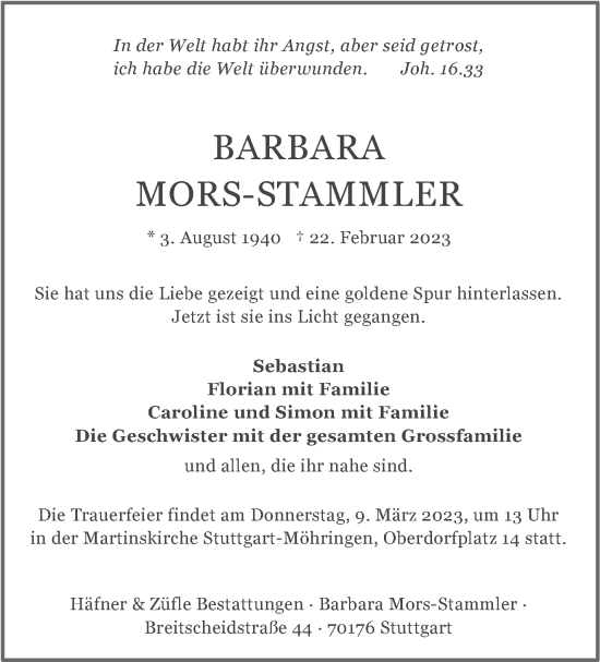 Traueranzeige von Barbara Mors-Stammler von Stuttgarter Zeitung / Stuttgarter Nachrichten