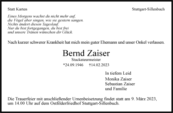 Traueranzeige von Bernd Zaiser von Stuttgarter Zeitung / Stuttgarter Nachrichten
