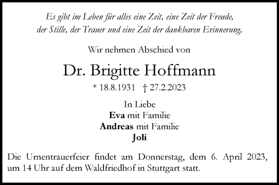 Traueranzeige von Brigitte Hoffmann von Stuttgarter Zeitung / Stuttgarter Nachrichten