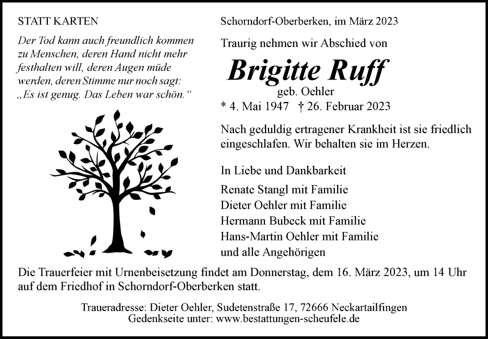 Traueranzeige für Brigitte Ruff vom 09.03.2023 aus Stuttgarter Zeitung / Stuttgarter Nachrichten