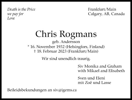 Traueranzeige von Chris Rogmans von Stuttgarter Zeitung / Stuttgarter Nachrichten