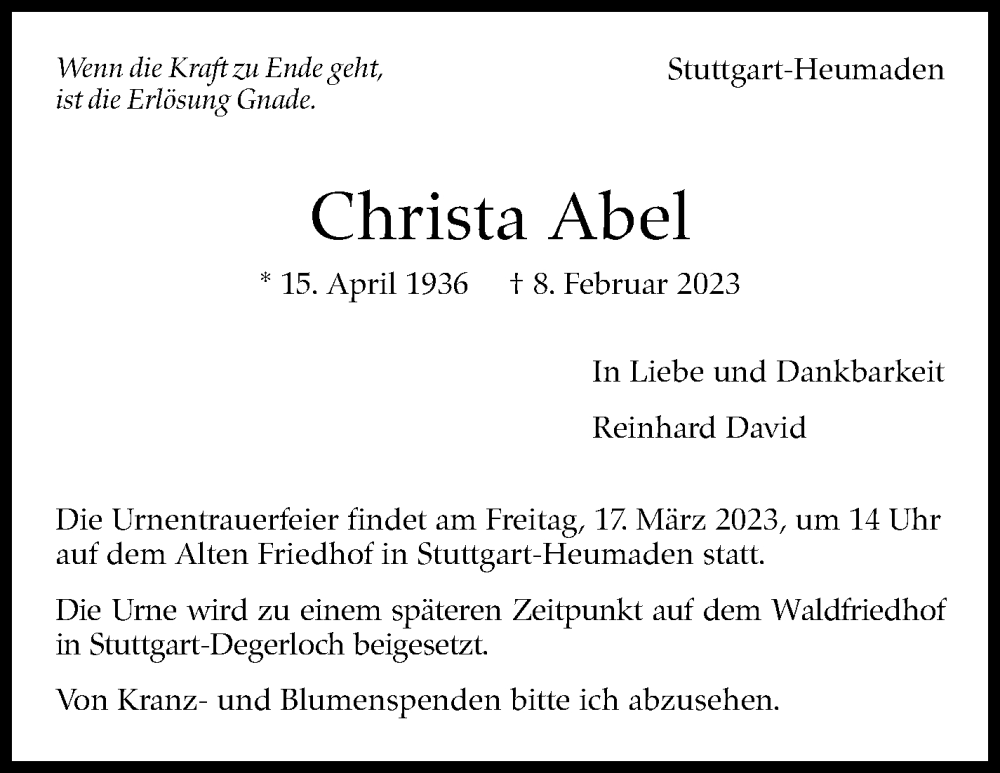  Traueranzeige für Christa Abel vom 11.03.2023 aus Stuttgarter Zeitung / Stuttgarter Nachrichten