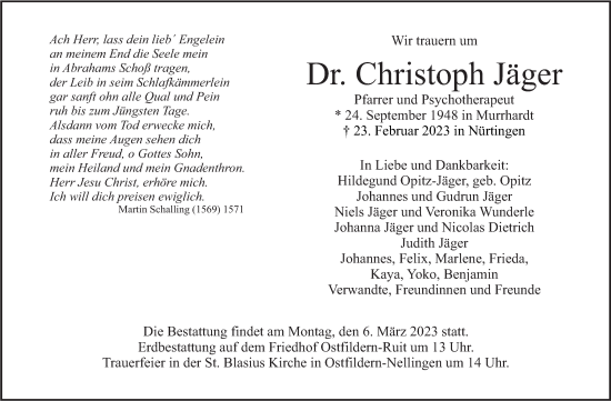 Traueranzeige von Christoph Jäger von Stuttgarter Zeitung / Stuttgarter Nachrichten