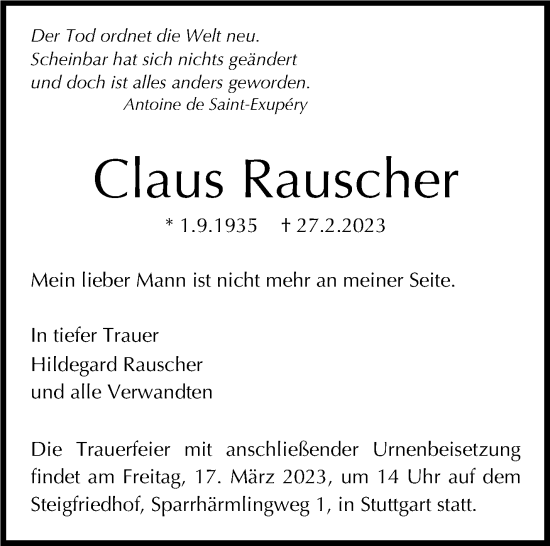 Traueranzeige von Claus Rauscher von Stuttgarter Zeitung / Stuttgarter Nachrichten