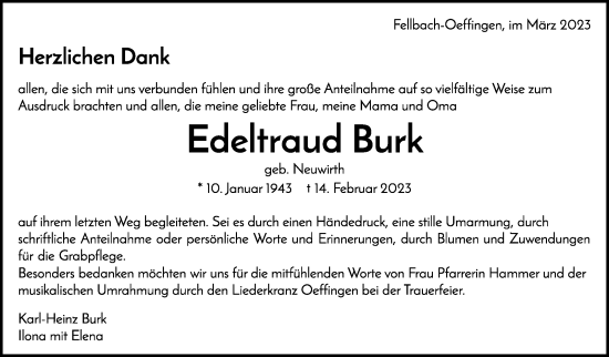 Traueranzeige von Edeltraud Burk von Stuttgarter Zeitung / Stuttgarter Nachrichten