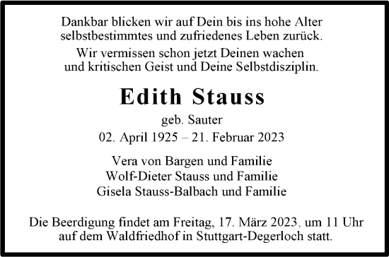 Traueranzeige von Edith Stauss von Stuttgarter Zeitung / Stuttgarter Nachrichten