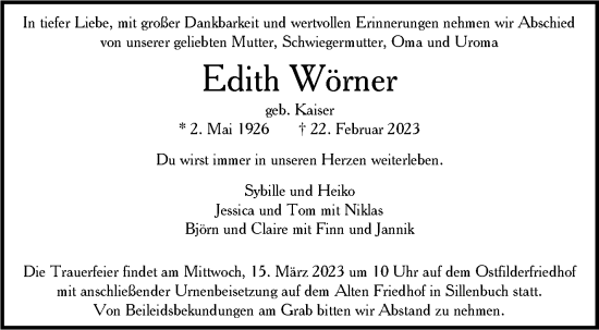 Traueranzeige von Edith Wörner von Stuttgarter Zeitung / Stuttgarter Nachrichten