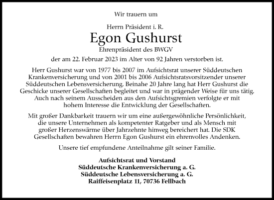 Traueranzeige von Egon Gushurst von Stuttgarter Zeitung / Stuttgarter Nachrichten