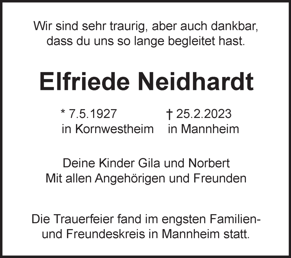  Traueranzeige für Elfriede Neidhardt vom 17.03.2023 aus Stuttgarter Zeitung / Stuttgarter Nachrichten