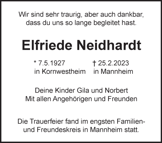Traueranzeige von Elfriede Neidhardt von Stuttgarter Zeitung / Stuttgarter Nachrichten