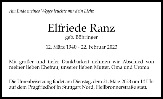 Traueranzeige von Elfriede Ranz von Stuttgarter Zeitung / Stuttgarter Nachrichten