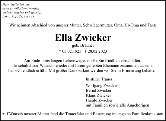 Traueranzeige von Ella Zwicker von Stuttgarter Zeitung / Stuttgarter Nachrichten