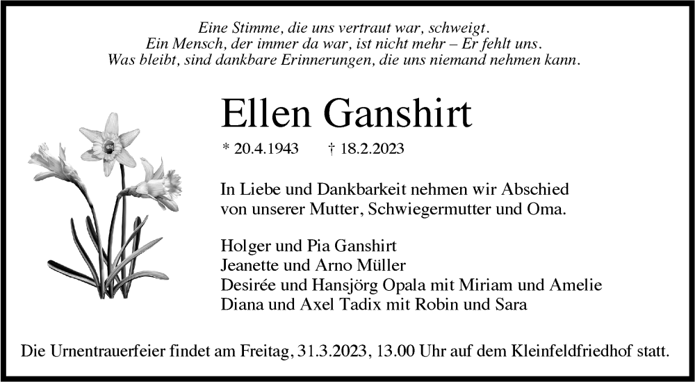  Traueranzeige für Ellen Ganshirt vom 24.03.2023 aus Stuttgarter Zeitung / Stuttgarter Nachrichten