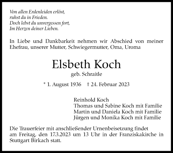 Traueranzeige von Elsbeth Koch von Stuttgarter Zeitung / Stuttgarter Nachrichten