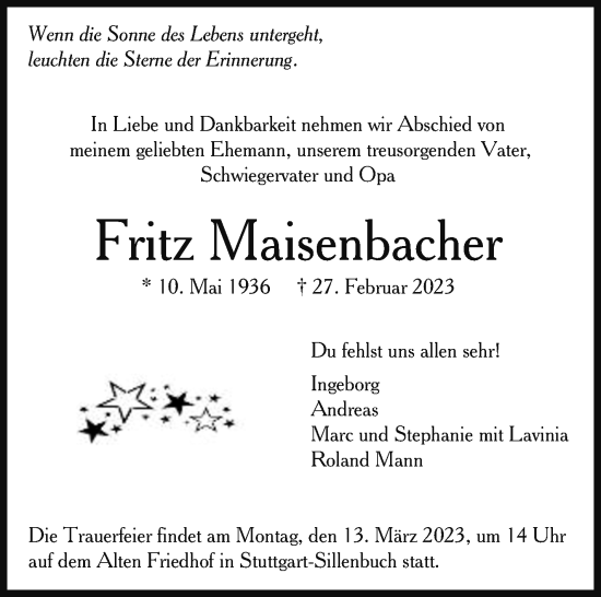 Traueranzeige von Fritz Maisenbacher von Stuttgarter Zeitung / Stuttgarter Nachrichten