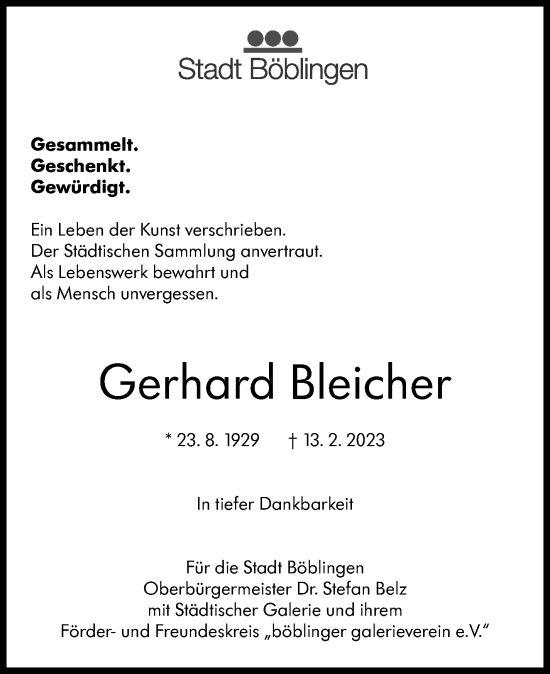 Traueranzeige von Gerhard Bleicher von Stuttgarter Zeitung / Stuttgarter Nachrichten