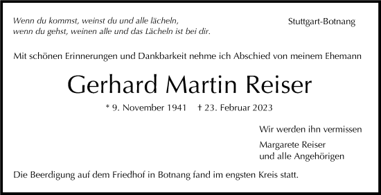 Traueranzeige von Gerhard Martin Reiser von Stuttgarter Zeitung / Stuttgarter Nachrichten