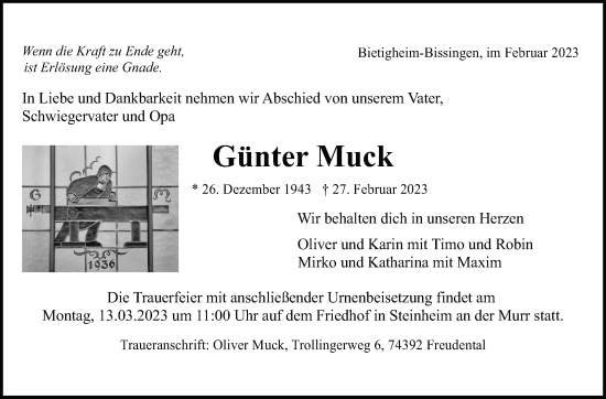 Traueranzeige von Günter Muck von Stuttgarter Zeitung / Stuttgarter Nachrichten