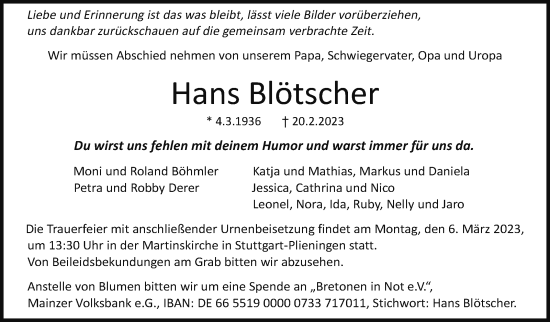Traueranzeige von Hans Blötscher von Stuttgarter Zeitung / Stuttgarter Nachrichten