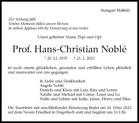 Traueranzeige von Hans-Christian Noblé von Stuttgarter Zeitung / Stuttgarter Nachrichten