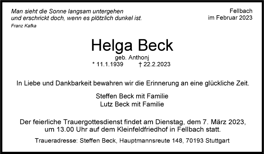  Traueranzeige für Helga Beck vom 01.03.2023 aus Stuttgarter Zeitung / Stuttgarter Nachrichten