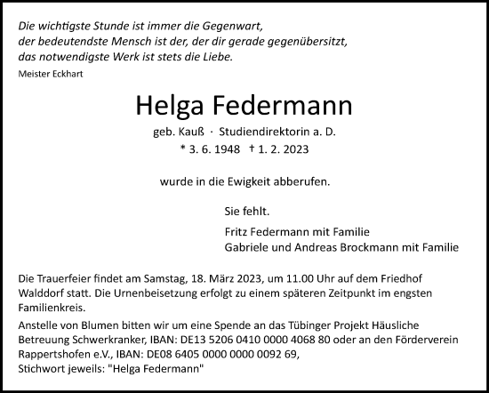 Traueranzeige von Helga Federmann von Stuttgarter Zeitung / Stuttgarter Nachrichten