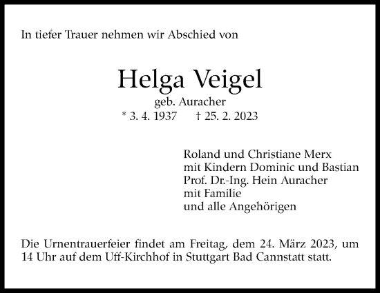 Traueranzeige von Helga Veigel von Stuttgarter Zeitung / Stuttgarter Nachrichten