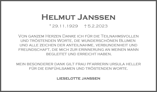Traueranzeige von Helmut Janssen von Stuttgarter Zeitung / Stuttgarter Nachrichten