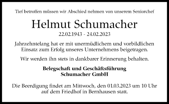 Traueranzeige von Helmut Schumacher von Stuttgarter Zeitung / Stuttgarter Nachrichten