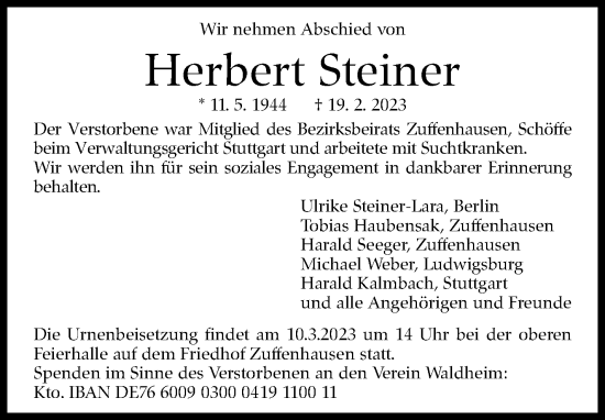 Traueranzeige von Herbert Steiner von Stuttgarter Zeitung / Stuttgarter Nachrichten