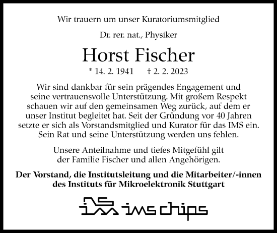 Traueranzeige von Horst Fischer von Stuttgarter Zeitung / Stuttgarter Nachrichten