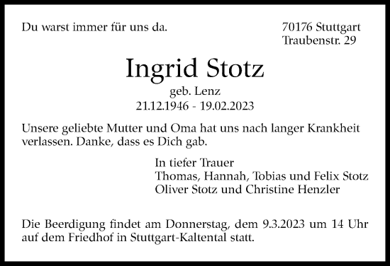 Traueranzeige von Ingrid Stotz von Stuttgarter Zeitung / Stuttgarter Nachrichten