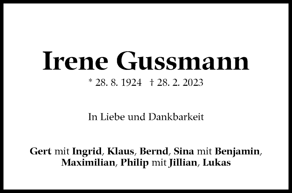  Traueranzeige für Irene Gussmann vom 04.03.2023 aus Stuttgarter Zeitung / Stuttgarter Nachrichten