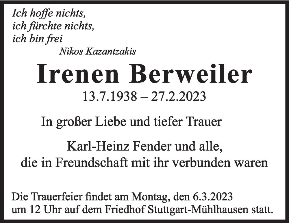  Traueranzeige für Irenen Berweiler vom 04.03.2023 aus Stuttgarter Zeitung / Stuttgarter Nachrichten
