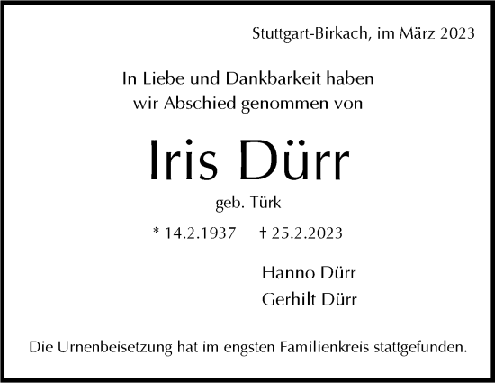 Traueranzeige von Iris Dürr von Stuttgarter Zeitung / Stuttgarter Nachrichten