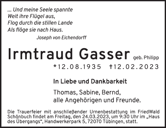 Traueranzeige von Irmtraud Gasser von Stuttgarter Zeitung / Stuttgarter Nachrichten