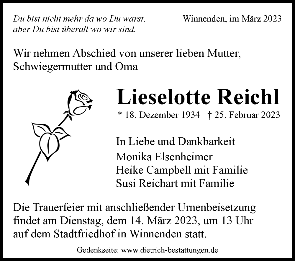  Traueranzeige für Lieselotte Reichl vom 08.03.2023 aus Stuttgarter Zeitung / Stuttgarter Nachrichten