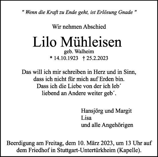 Traueranzeige von Lilo Mühleisen von Stuttgarter Zeitung / Stuttgarter Nachrichten