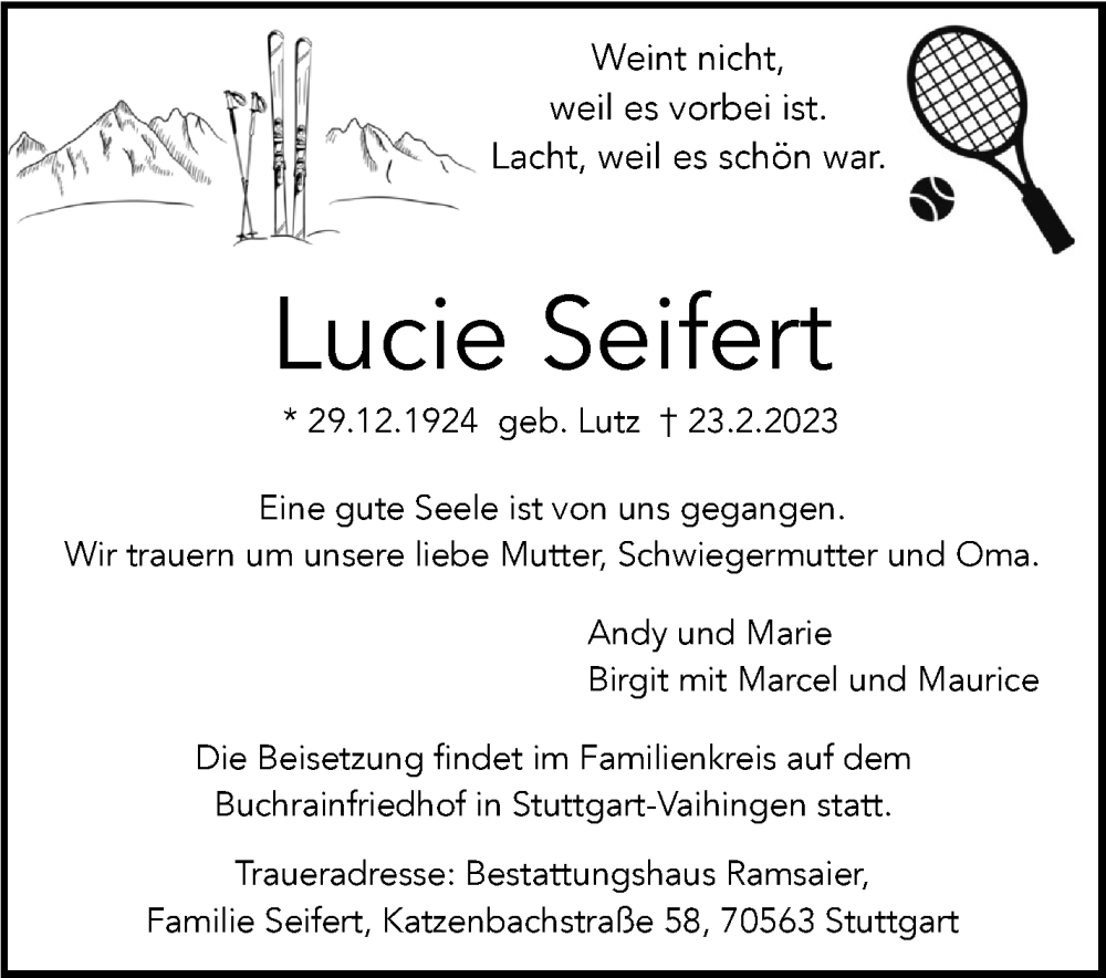  Traueranzeige für Lucie Seifert vom 04.03.2023 aus Stuttgarter Zeitung / Stuttgarter Nachrichten