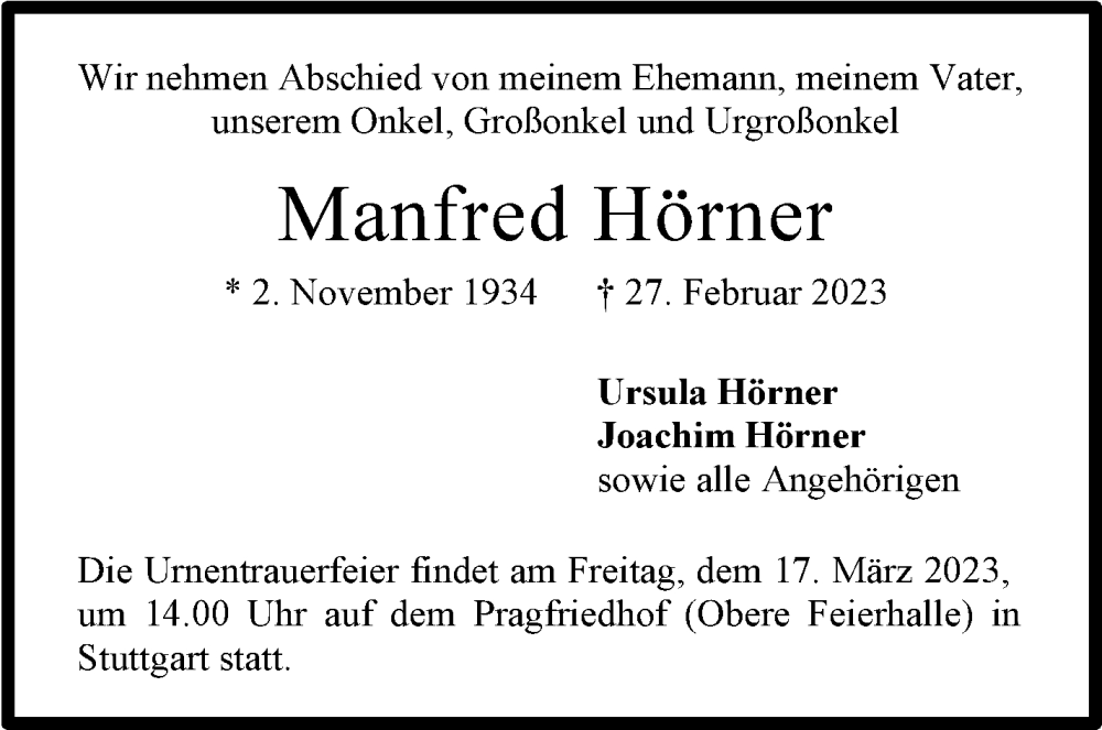  Traueranzeige für Manfred Hörner vom 06.03.2023 aus Stuttgarter Zeitung / Stuttgarter Nachrichten