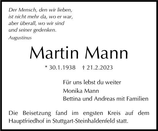 Traueranzeige von Martin Mann von Stuttgarter Zeitung / Stuttgarter Nachrichten